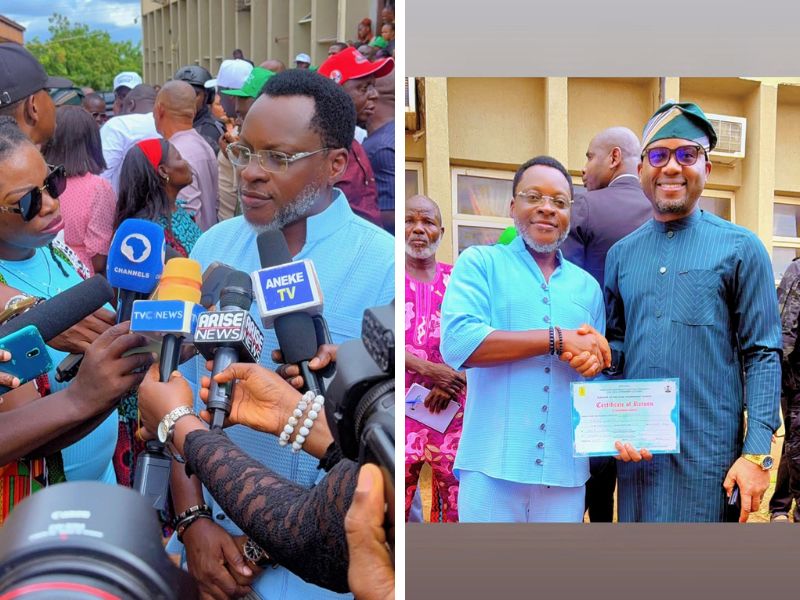 Ogbuekwe Speaking to Newsmen / Ogbuekwe receiving his certificate of return from the ENSIEC Chairman Prof Ngwu