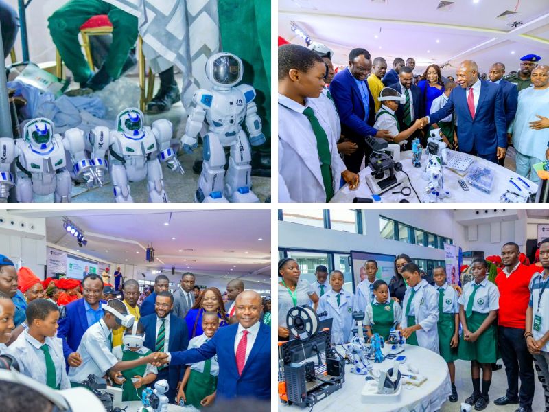 Gov. Mbah's Adviser on Education, Dr. Mrs Chinyere Onyeishi and some Students of the Smart School, Demonstrating the Innovation and Imagination Lab Experience